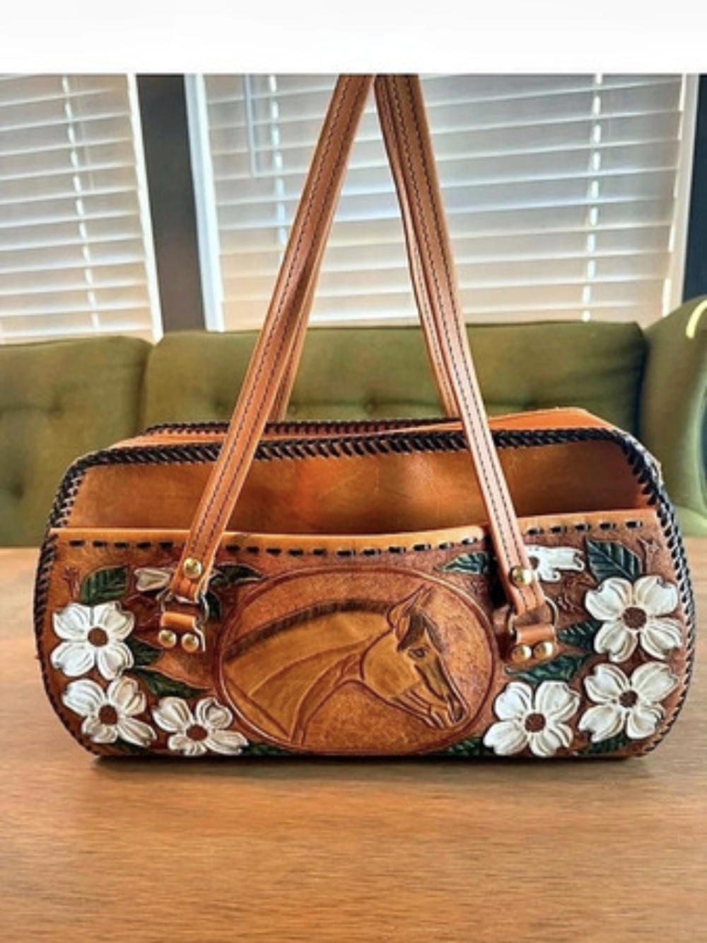 Leather Purse Hand Carved/Made Horse And Flowers "Polly" Name Engraved VTG 80s